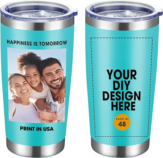 Personalized Custom Tumbler Print in USA 48 Pcs 20oz Stainless Steel Coffee Cup with Lid & Straw Double Wall Insulated Tumbler with Colorful Text Logo Photo