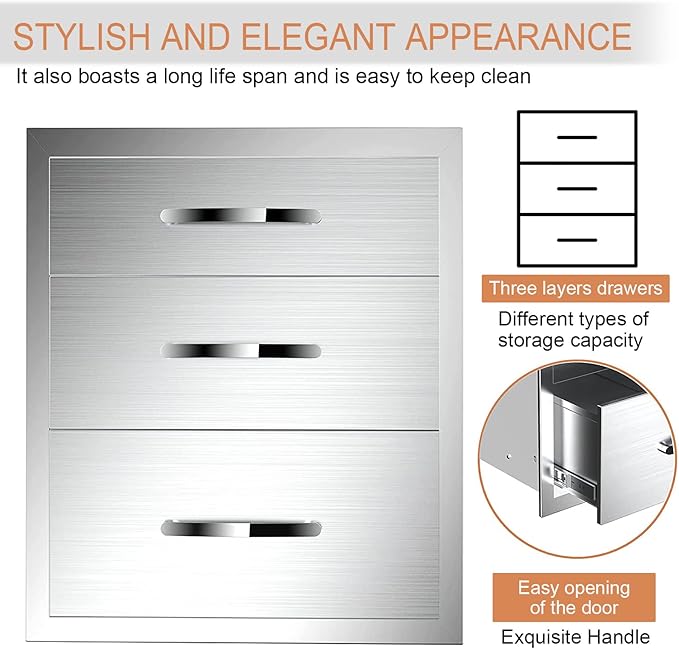Outdoor Kitchen Drawers Stainless Steel 18W X 24H X 23D Inch, Flush Mount Triple BBQ Island Drawers with Handle for Outdoor Kitchens, Patio or Grill Station