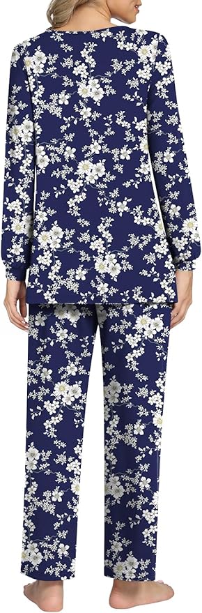 Anyally Women's Plus Size Pajama Sets Ladies Fall Pjs 2 Pieces Lounge Outfits V Neck Long Sleeves Sleepwear with Pockets