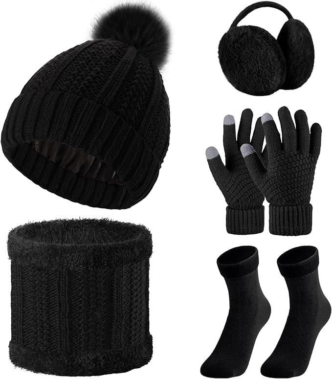 SATINIOR 5 Pcs Winter Satin Lined Hat Scarf Gloves Set Knit Pompom Beanie Warm Touchscreen Glove Earmuff Ear Warmer for Women