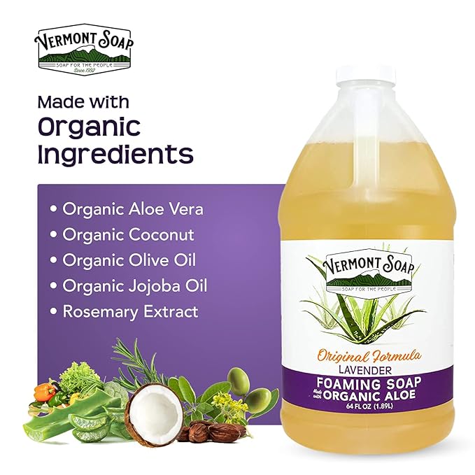 VERMONT SOAP Organic Lavender Foaming Hand Soap - Natural Moisturizing Soap for Dry Skin - Fragrance Free Liquid Bathroom Hand Soap - Lavender- 64 oz