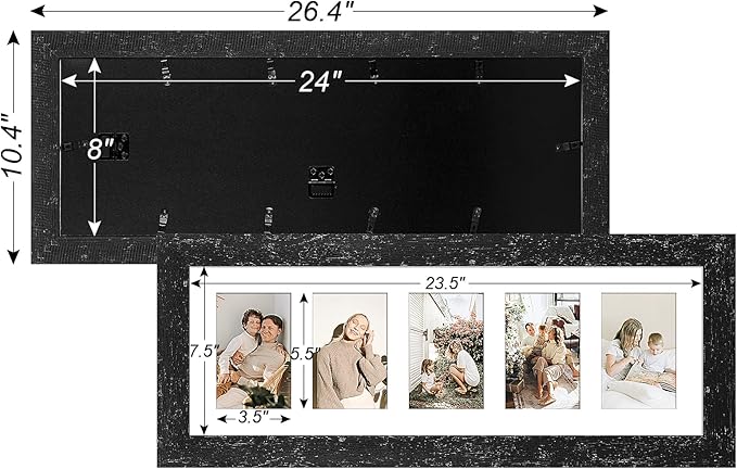 8x24 Picture Frame Display 5 opening 4X6 Picture Frame Collage,Multi Photo Frame with Mat,Plexiglass,Wall or Tabletop Decor,Black Wood Grain