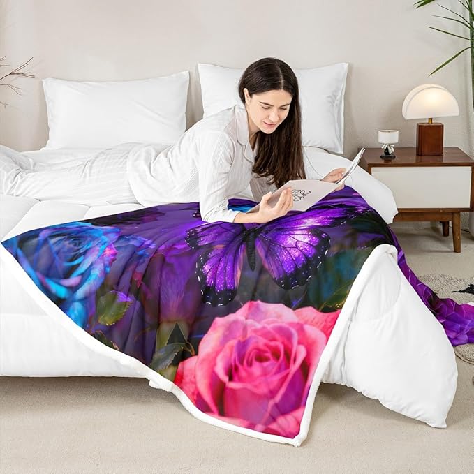 Feelyou Girls Butterfly Fleece Throw Blanket Queen 90"x90" Kids Dreamy Purple Sherpa Blanket Plush Fuzzy for Bed Couch Chair Living Room, Rose Flower Bed Blanket Butterflies Lover Room Decor