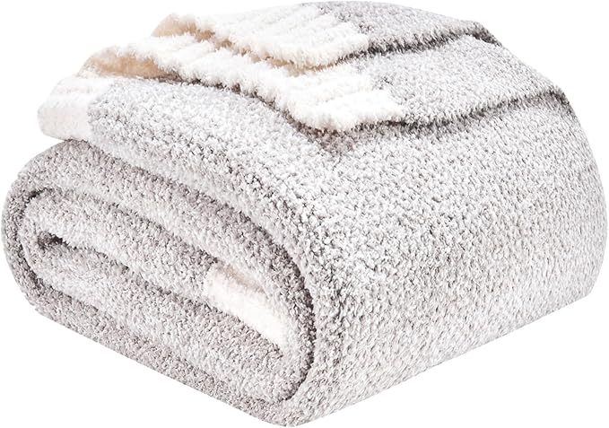 CozeCube Super Soft Fullfy Microfiber Reversible Knitted Blankets, Warm Cozy Fuzzy Plush Throw, Grey and White Melange Throw Blanket for Couch Bed Sofa, 50" x 60"