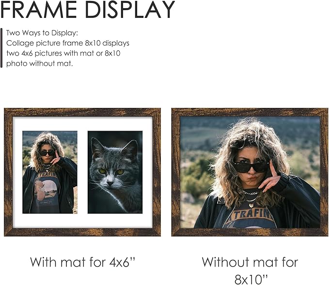 8x10 Double Picture Frame For Displaying Double 4x6 Picture Frame for Wall Mounting or Tabletop, Brown.