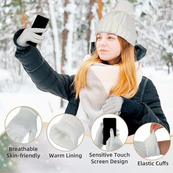 SATINIOR 5 Pcs Winter Satin Lined Hat Scarf Gloves Set Knit Pompom Beanie Warm Touchscreen Glove Earmuff Ear Warmer for Women