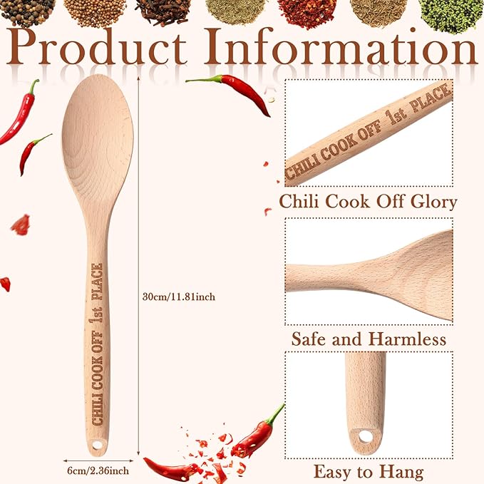 Soaoo Set of 3 Chili Cook Off Trophy Wooden Spoon Prizes Chili Engraved Cooking Spoons for 1st 2nd 3rd Cooking Competition Award(Carved at Handle)