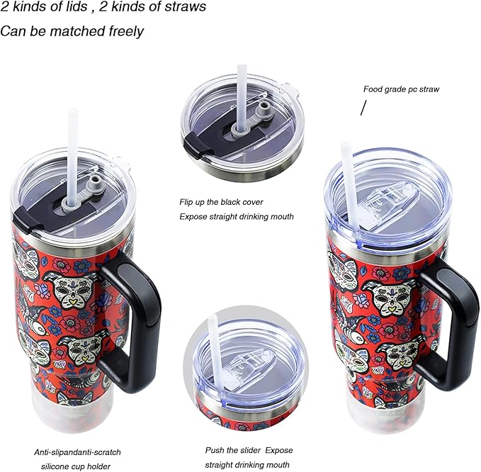 Jormungand 40 oz Tumbler with Handle and Straw, Vacuum Insulated Stainless Steel Cup & Water Bottle, Leakproof Lid, BPA-Free, Cup Holder Friendly for Travel, Keeps Drinks Hot & Cold Red Sugar Skull