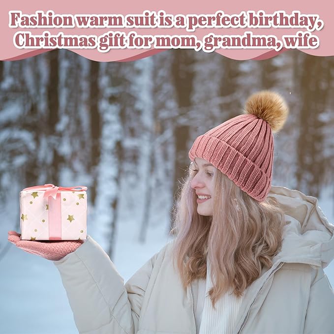 SATINIOR 5 Pcs Winter Hat Scarf Gloves Set Fleece Warm Lined Knit Beanie Hat Touch Screen Earmuff Gloves Warmer for Women(Pink,Cool Style)
