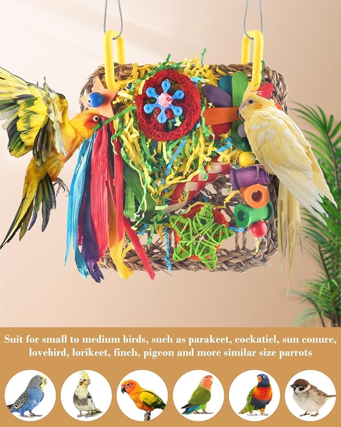 ERKOON Cockatiel Toys, Budgie Toys Foraging Toy Hanging Bird Toy for Lovebrid Parakeets Conures Parrot Foraging Wall with Colorful for Birds Shredding Seagrass, Birds Cage Accessories-2 Pack