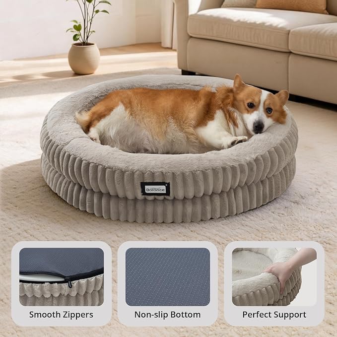 BALANCE Donut Dog Bed, 30 Inches Round Dog Bed Medium Size Dogs Washable, Orthopedic Calming Dogs Beds for Kitten, Fluffy Plush Faux Fur Pet Bed with Anti-Slip Bottom