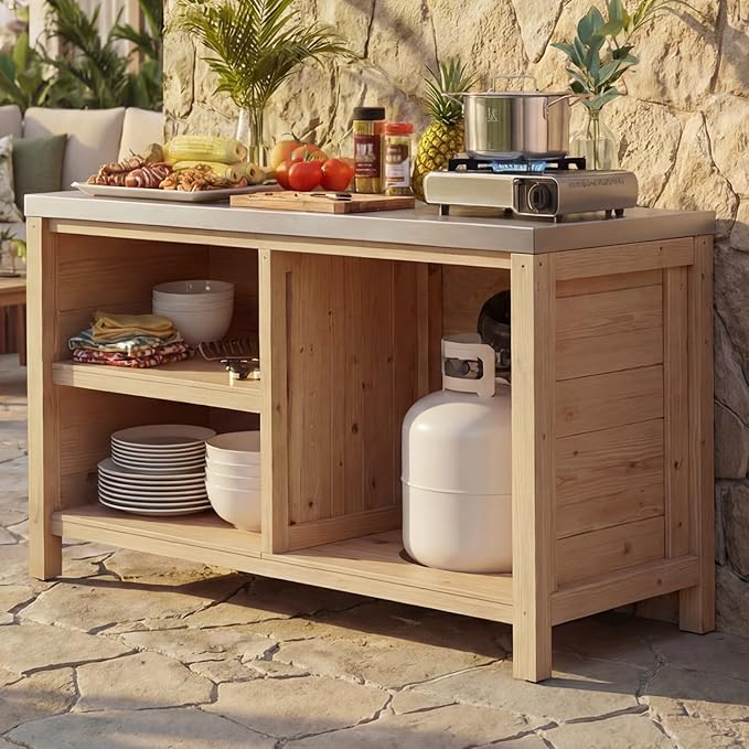 MOUMON Patio Grill Prep Table with Propane Tank Storage, Solid Cedar Patio Cabinet with Stainless Steel Top, Outdoor Cooking Station, Propane not Included, Oak 51.2”W x 23.6”D x 27.6”H
