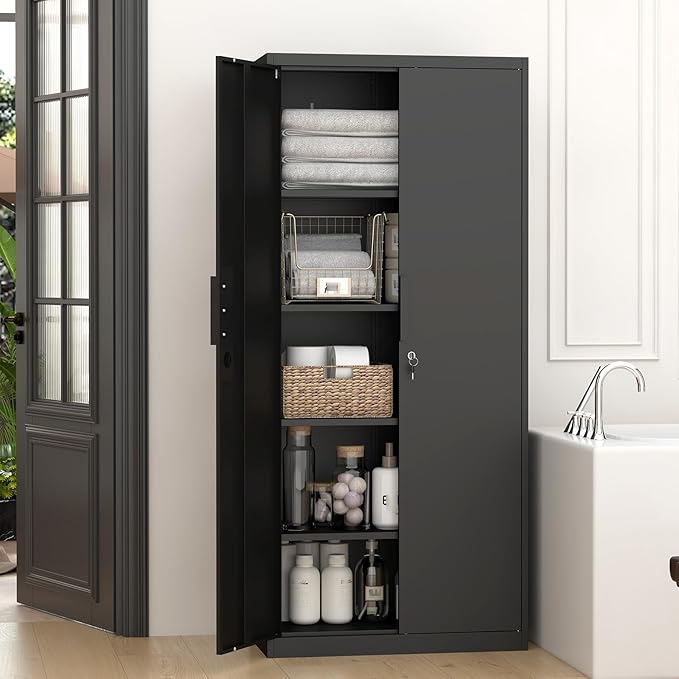 GREATMEET Metal Garage Storage Cabinets, 71" Tall Locking Cabinets with Doors and Shelves, Utility Cabinet with Lock for Garage, Home, Black