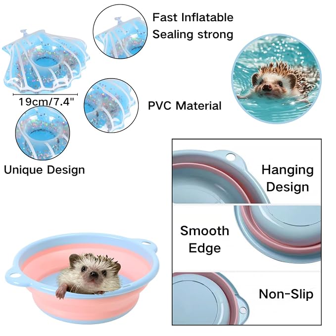 6 Pcs Hedgehog Bath Supplies Kit, Foldable Bathtub and Cleaning Brush with Pet Hair Comb, Pet Nail Clipper, Swimming Ring, Towel for Small Animal Hamster, Bunny, Guinea Pig, Lizards, Turtle