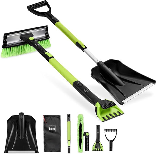 Best Choice Products 4 in 1 Snow Brush with Shovel, Squeegee & Ice Scraper, Up to 39" Extendable Foam Grip, 270° Pivoting Snow Brush for Car Truck SUV, Storage Bag Included - Lime