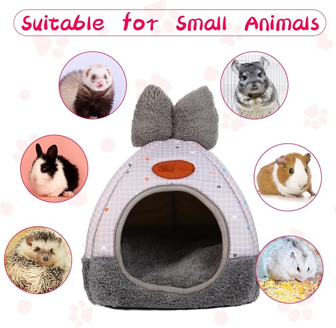 Bunny Bed Hideouts House Ferrets Rats Hedgehogs Chinchilla Cage Accessory for Rabbit Guinea Pig Hamster Cozy and Warm Rabbit Bed with Cute Bowknot Rabbits Hamster Bunny Grey Grid ﻿
