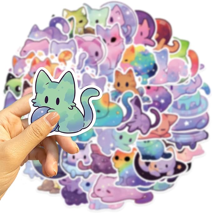50Pcs Cats Sticker, Cute Starry Sky Cats Stickers for Kids Teens Adults, Vinyl Cartoon Pink Animals Decals Kawaii Sticker for Decor Water Bottles Laptops Guitar Scrapbook (Starlight Cat)