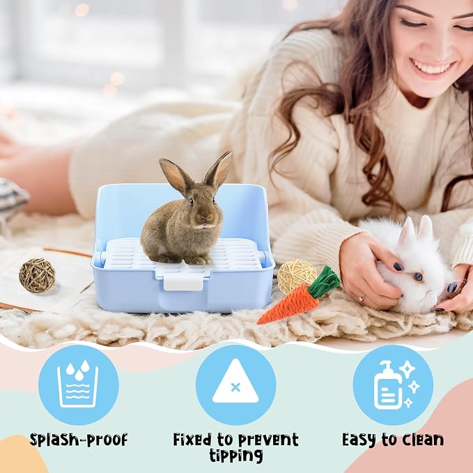 Reallnaive 15 Pcs Rabbit Starter Kit Small Rabbit Litter Box Girls Gift Animal Grooming Kit Bunny Toys Bowl Blankets with Cleaning Set for Guinea Pig Accessories(Candy Blue)