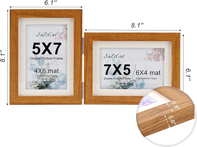 Double Hinged 5x7 Picture Frame with Tempered Glass-Tabletop or Wall Mounted, Display for 4x6 & 5x7 Photos (with/without Mat)-Rustic Brown, For Family Photos & Wedding Memories-Z5775
