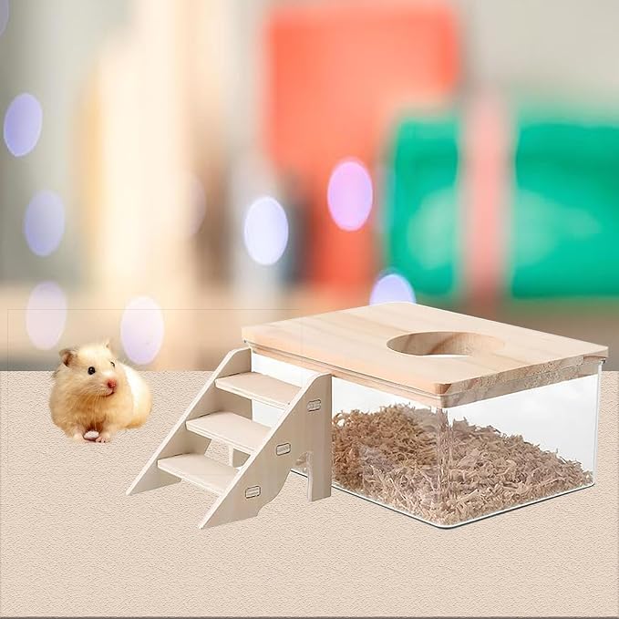 Transparent Hamster Sand Bath Box with Ladder Multi-Functional Dust Bath, Hideout & Digging Box for Hamsters, Chinchillas & Small Pets Easy-Clean Acrylic Habitat Accessory