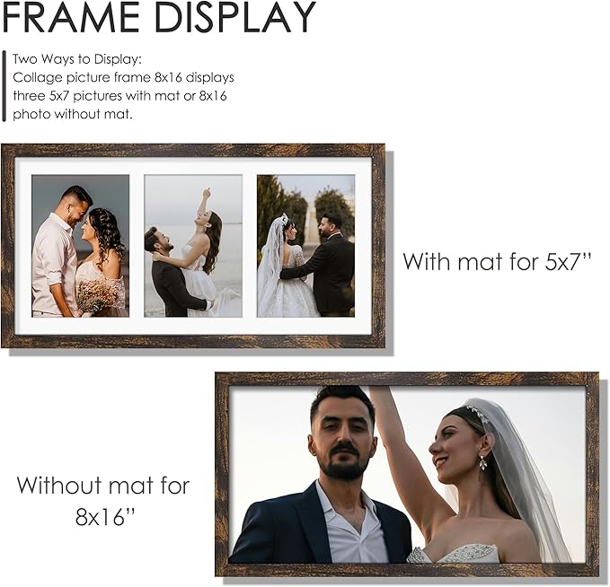8x16 Collage Picture Frame, 5x7 Collage Picture Frame Displays Three 5x7 inch Photos, or 8x16 (Without Mat) for Available Horizontal Wall Mounting Display and Vertical, Brown.