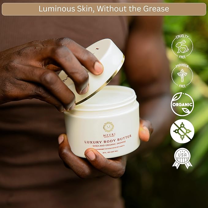 MZURI Body Butter, Whipped Shea and Jasmine Blend, Fast-Absorbing, Deep Moisturizing Cream with Essential Oils, Non-Greasy, Natural Skincare for Dry, Glowing Skin, Organic Butter - 8 Fl. Oz