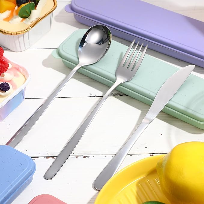 Yinkin 4 Pack Portable Travel Utensils Set with Case Reusable Stainless Steel Silverware Flatware Camping Cutlery Include Fork Spoon Knife for Work School Dishwasher Safe (Pastel Color)