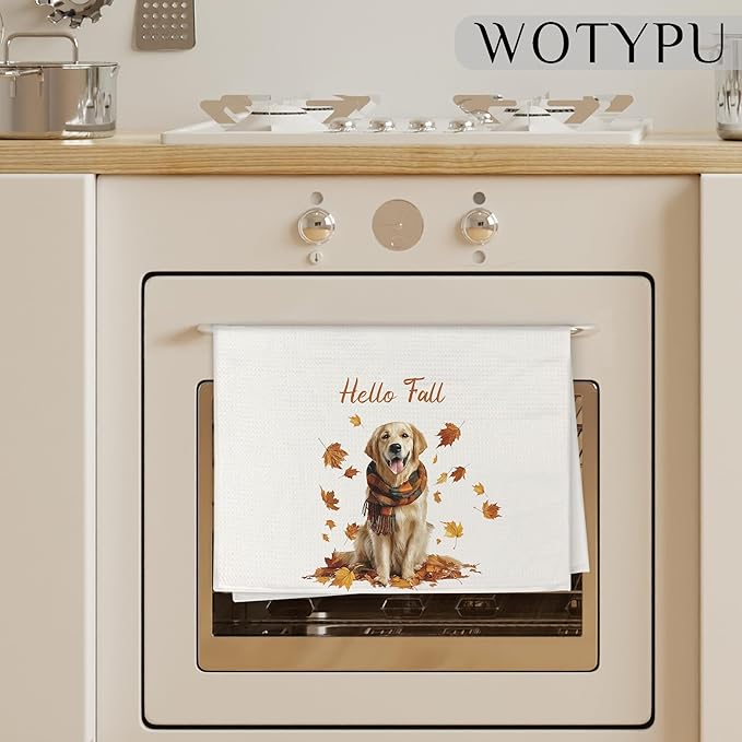 Fall Golden Retriever Kitchen Towels, Golden Retriever Lover Gifts Dish Tea Towel for Kitchen Decor, Farmhouse Fall Autumn Maple Leaf Dog Hand Towels for Bathroom Decor, 16x24 Inch