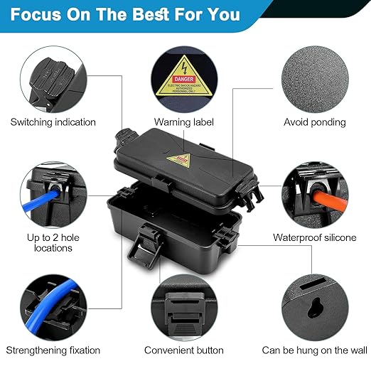 Outdoor Electrical Box Waterproof IP54 Black Outdoor Extension Cord Cover(Inner 6.5 x 3.5 x 2.2inch), Wall-Hangable Waterproof Box for Plug, Halloween, Christmas String Lights (1 PCS Black)