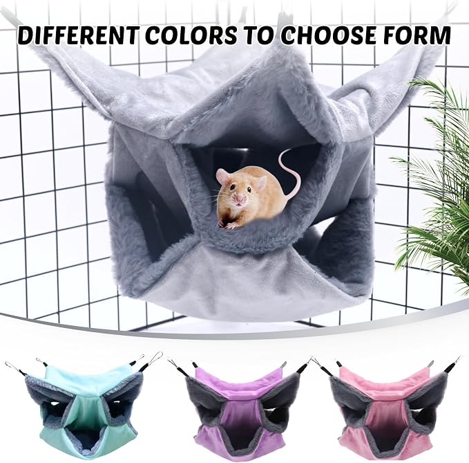 LYART Sugar Glider Pouch Hammock Bed Bedding, Sugar Glider Cage Accessories Toys for Rat, 3-Layer Hammock Make Pet Cages More Three-Dimensional (1.Grey)
