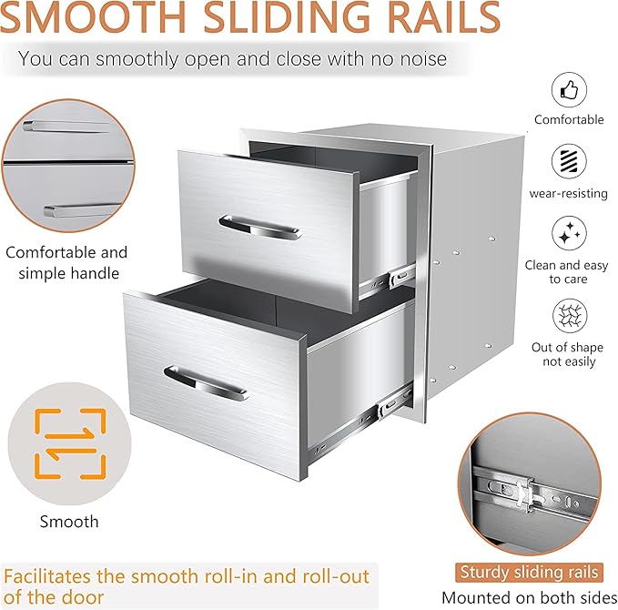 Outdoor Kitchen Drawers Stainless Steel 18W X 23H X 23D Inch, Flush Mount Access BBQ Drawers with Handle, Double BBQ Island Drawer for Outdoor Kitchens Island, Patio or Grill Station