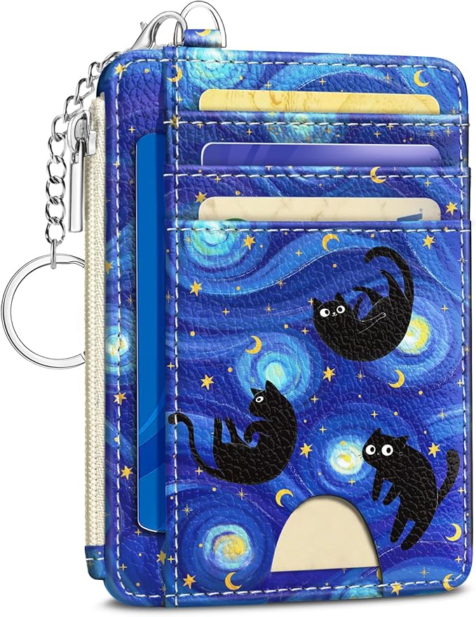 Kelvoris Credit Card Holder Small Wallet Women, Slim RFID, Blue Black Cat | Keychain, Zipper Coin Pocket, Front Pocket Thin Travel Card Case, Minimalist, 6 Card Slots, 1 ID Window, Ladies Gifts Woman
