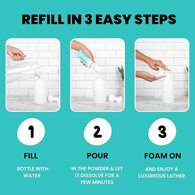 Foaming Uncented Hand Soap Refills with Reusable Foaming Soap Dispenser, Concentrated Powder to Liquid Hand Soap Refills Make 3 x 12oz Bottles of Fragrance Free Hand Wash