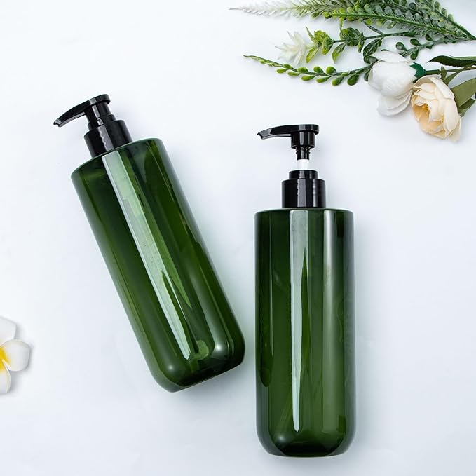 Yebeauty Pump Bottle, 2 Pack 17oz/500ml Modern Lotion Dispenser Stylish Shampoo Bottles Thick Shower Soap Dispenser Empty Shampoo Container for Body Wash Bathroom Kitchen Travel, Clear-Green