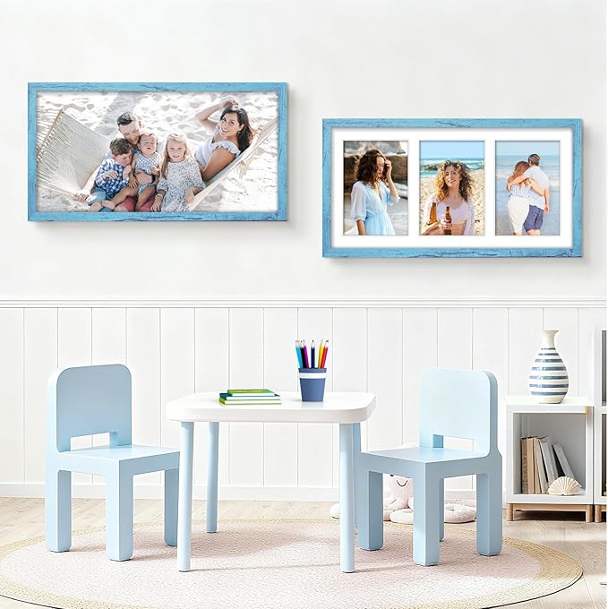8x16 Collage Picture Frame 5x7 Collage Picture Frame Displays Three 5x7 inch Photos or 8x16 (Without Mat) for Available Horizontal Wall Mounting Display and Vertical Blue