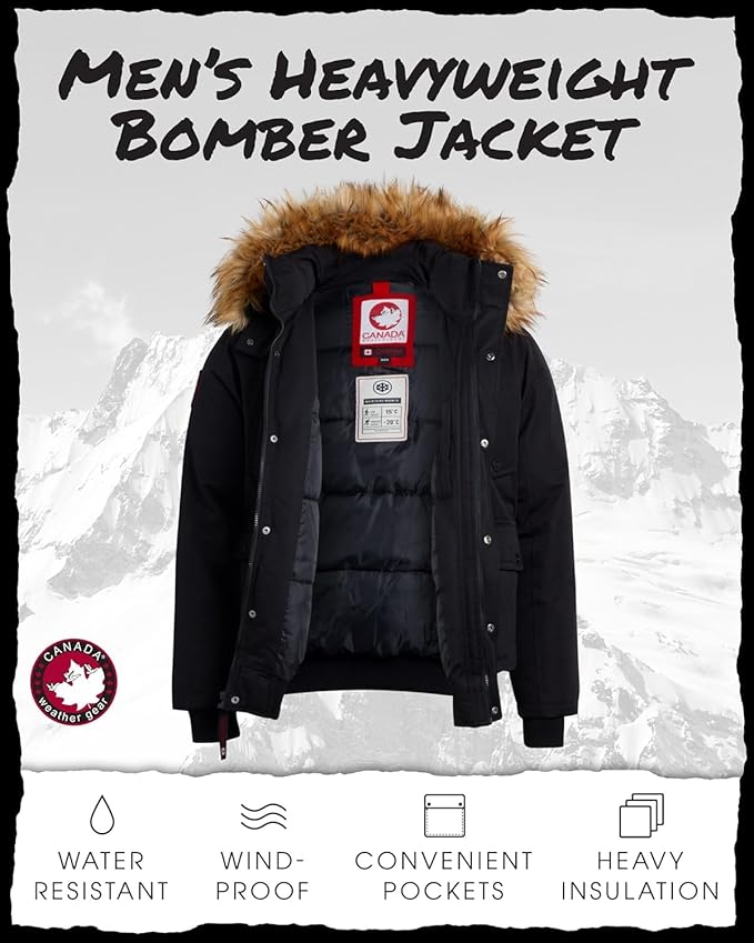 CANADA WEATHER GEAR Mens Winter Bomber Jacket - Heavyweight Winter Coats Weather Resistant Faux Fur Hood Insulated Ski Jacket