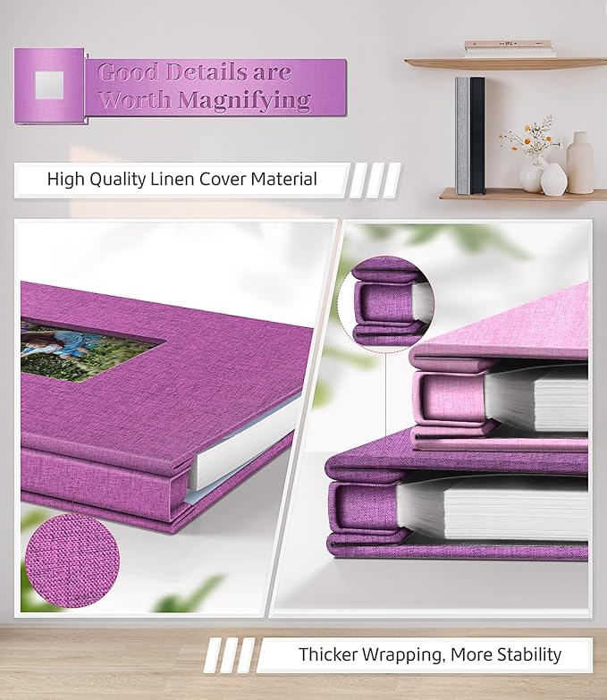 Photo Album Self Adhesive Scrapbook Album for 3x5 4x6 5x7 8x10 Pictures, 60 Pages Linen Cover with Display Window DIY Photo Book,Ideal Gifts for Family Travel Wedding Baby
