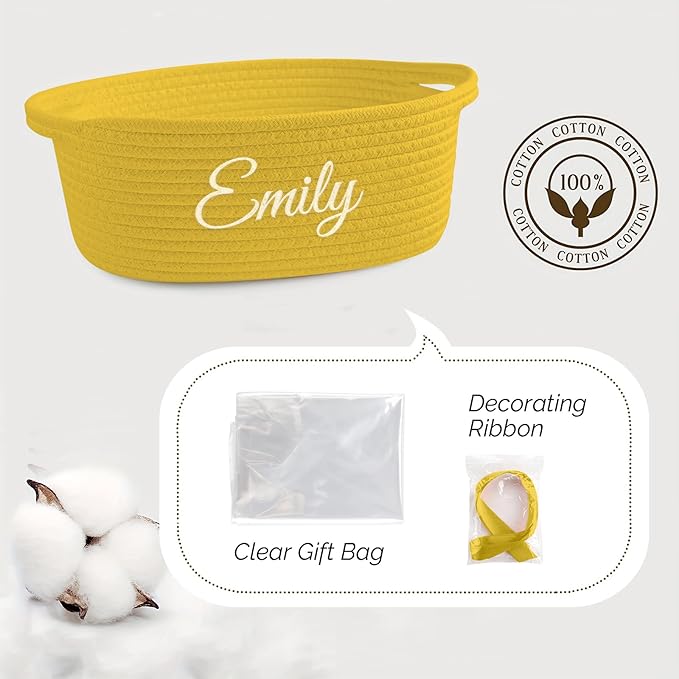 HUTARIO Personalized Yellow Basket Embroidered Name with Gift Bags and Ribbons,Small Rope Woven Baske Empty，Durable Storage Custom Basket with Handles for Baby Showers or Birthday,12"×8"×5"
