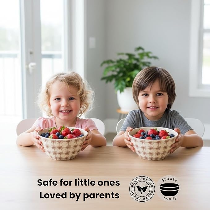 Bamboo Bowl Set of 4 – 6 Inch 20 oz Durable Deep Cereal and Snack Dishware for Kids and Toddlers – BPA Free, Dishwasher Safe, Lightweight Alternative to Plastic or Ceramic (Sparkle Design)