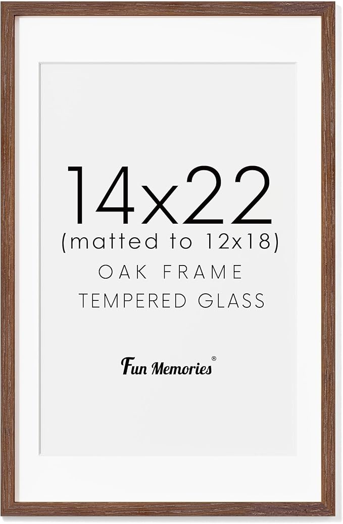Fun Memories 14x22 Oak Wood Picture Frame, 14"x22" Picture Frame Matted to 12"x18", Photo Frame 14 x 22 with Real Glass, 14x22 Wood Frame for Vertical or Horizontal Hanging (Walnut Color, 1 Pack)