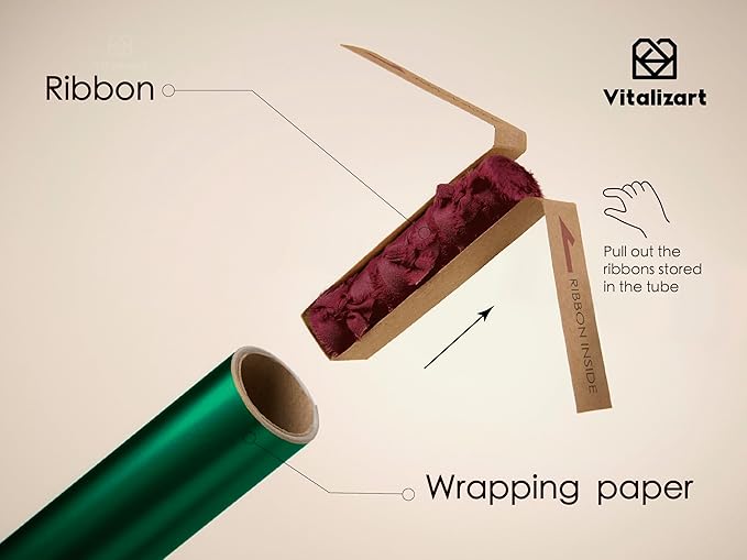 Vitalizart Green Matte Metallic Wrapping Paper Set 17" With Red Silk Like Satin Ribbon & Gift Tags Recyclable Eco-Friendly Christmas Gift Wrapping Birthday Baby Shower Wedding Handmade Crafts 197"(16.4 Ft)