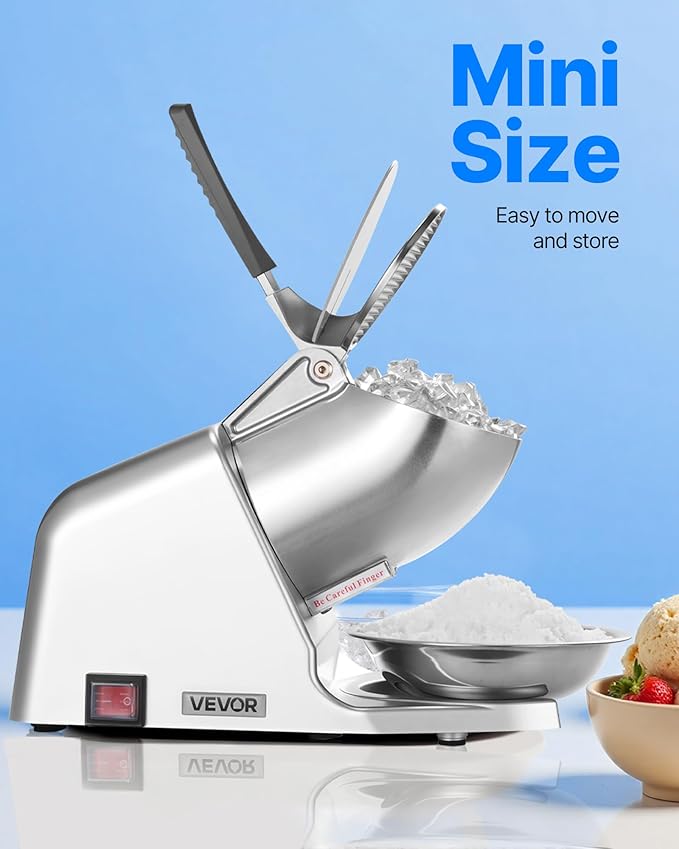 VEVOR Ice Crusher Machine, 143lbs Per Hour Electric 2 Blades Snow Cone Maker, Stainless Steel Shaved Ice Machine with Bowl and Cover, 300W 2000RPM Ice-Shaver for Home and Commercial Use, Silver