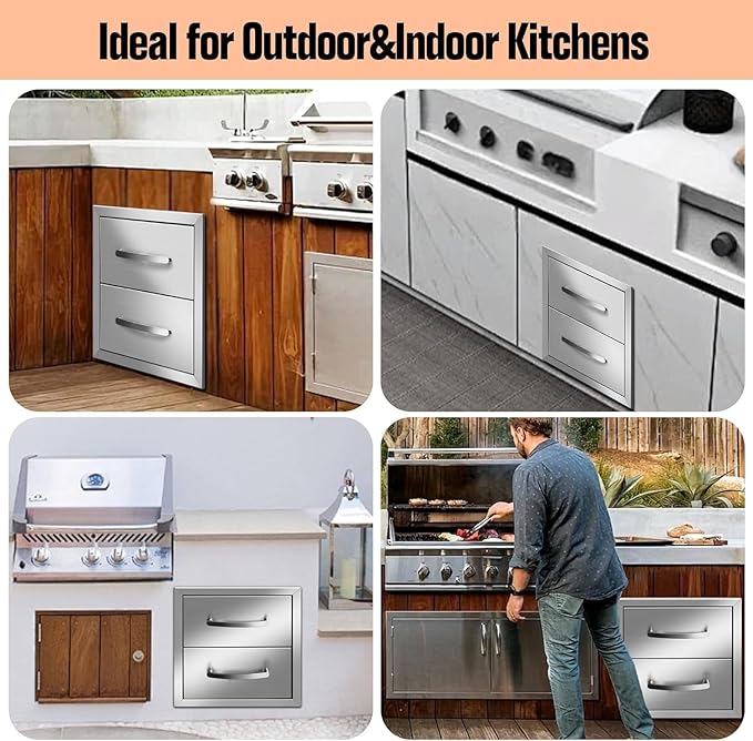 Outdoor Kitchen Drawers Stainless Steel 14W X 14.3H X 23D Inch, Flush Mount Double BBQ Island Drawers with Handle for Outdoor Kitchens, Patio or Grill Station