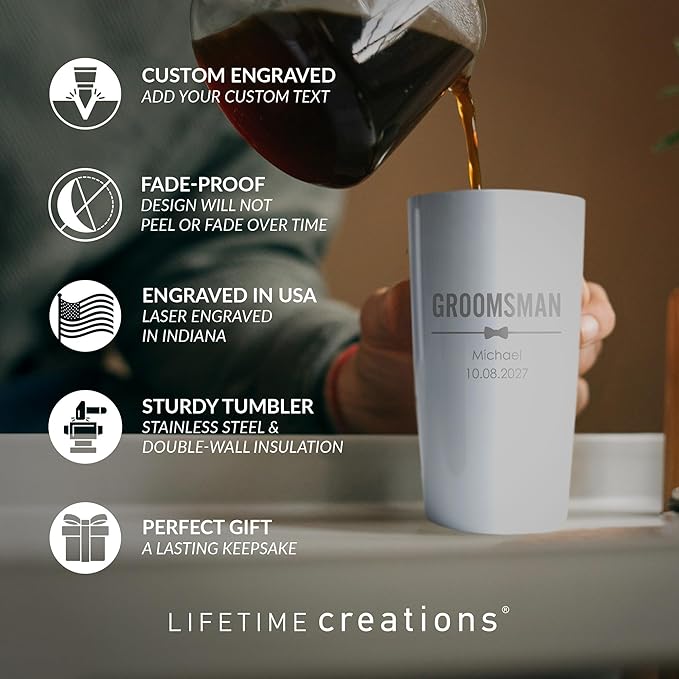 Lifetime Creations Engraved Personalized Groomsman Tumbler (White) 20 oz - Custom Groomsmen, Best Man, Bachelor Party Stainless Steel Coffee Travel Mug Gift (Option C)