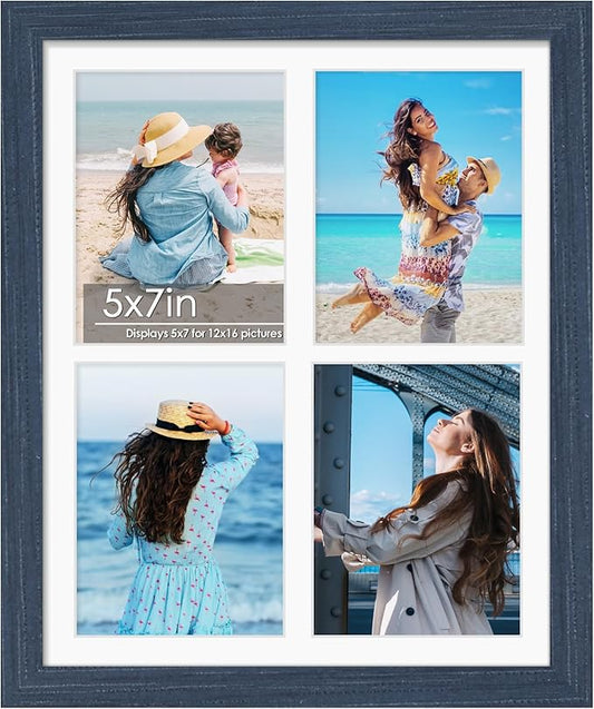 12x16 Picture Frame 5x7 Collage Picture Frame Displays Four 5x7 inch Photos or 12x16 (Without Mat) for Available Horizontal Wall Mounting Display and Vertical Navy Blue