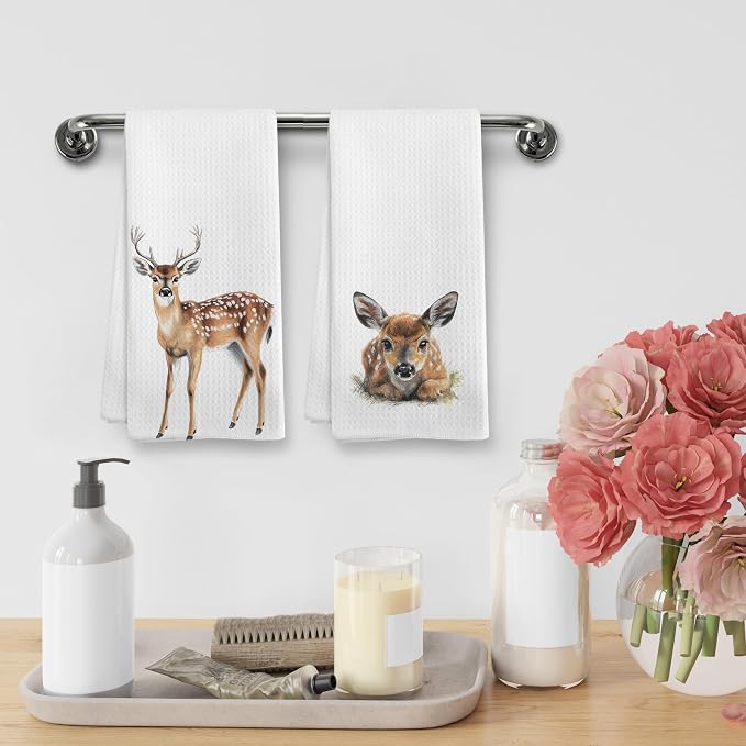 Funny Deer Kitchen Towels and Dishcloths Sets of 2, Deer Decor Gifts, Woodsy Rustic Cabin Lodge Forest Mountain Nursery Home Hunting Decor Dish Hand Tea Towels for Bathroom Kitchen, 16x24Inch