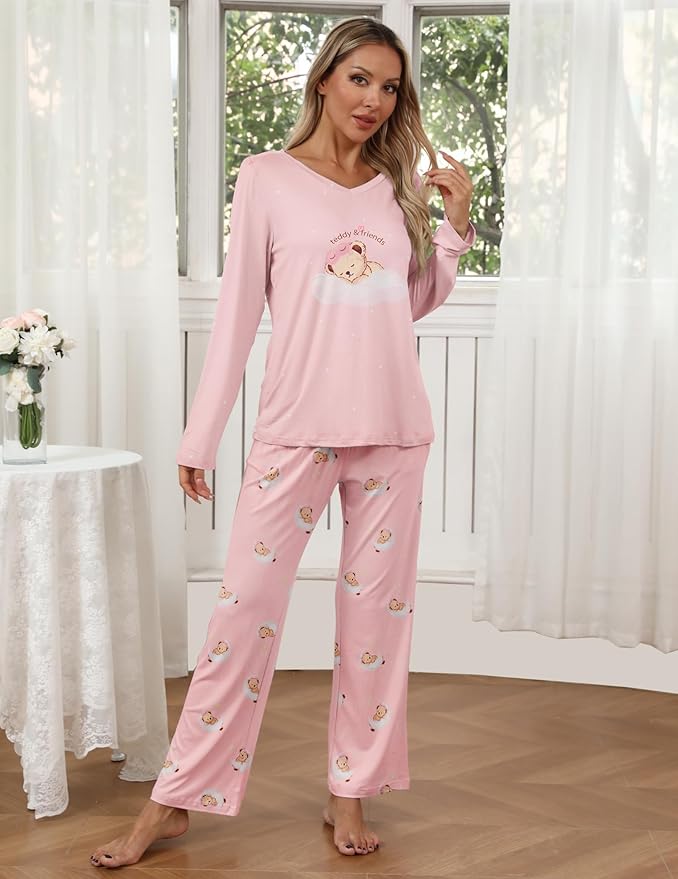 Ekouaer Womens 2 Pack Pajama Set Long Sleeve Pajamas Top and Pants V Neck Pjs Set Soft Loungewear with Pockets