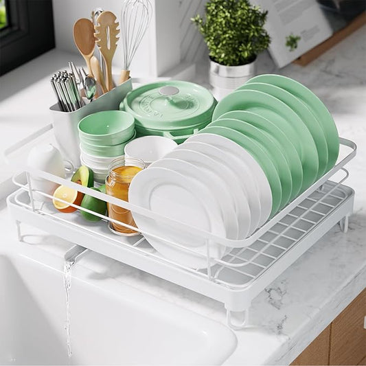 Kitsure Dish Drying Rack for Kitchen Counter, Stainless Steel Sink Organization and Storage Essentials with Cutlery Holder, Home and Appartment Decor, 12.7''W x 16.7''L, White