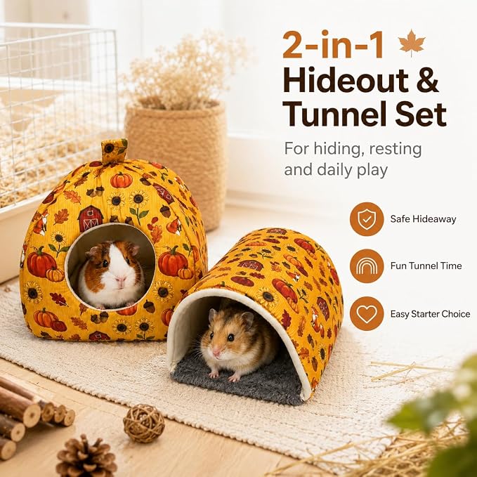 Hamster Hideout Tunnel Set, 2 Pack Washable Small Animal Bed with Removable Cushion, Cozy Play Tunnel Cage Accessories for Hamsters, Hedgehogs, Mice, Rats, Gerbils, Orange Pumpkin
