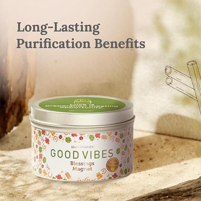MAGNIFICENT 101 Good Vibes Manifestation Candle - 6 oz Light Brown Soy Wax Tin - Sage & Sandalwood Scented Candle for Chakra Healing & Luck